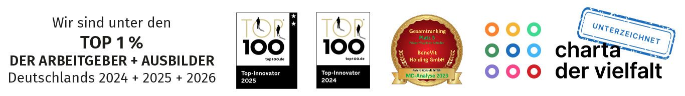 Banner mit Auszeichnungen als Top 1 % Arbeitgeber und Ausbilder Deutschlands